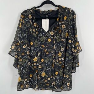 Floral Chiffon Blouse - Black and Yellow
